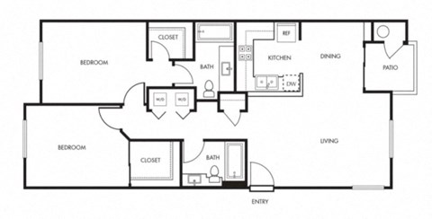 Floor plan for 2 beds, 2 baths, 957 sqft